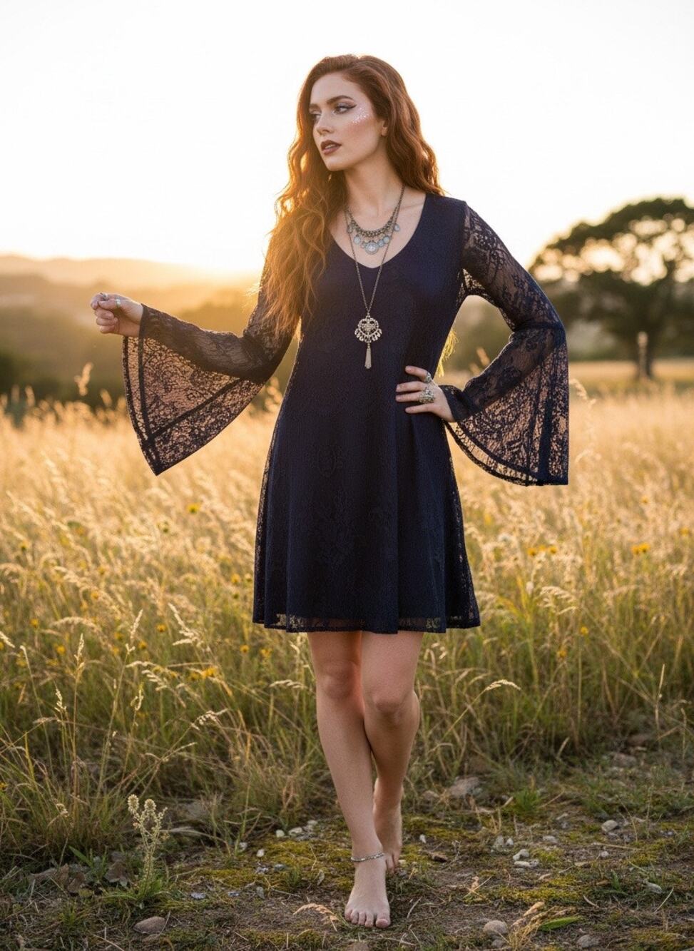 Sequin Hearts Navy Lace Bell‑Sleeve Mini Dress